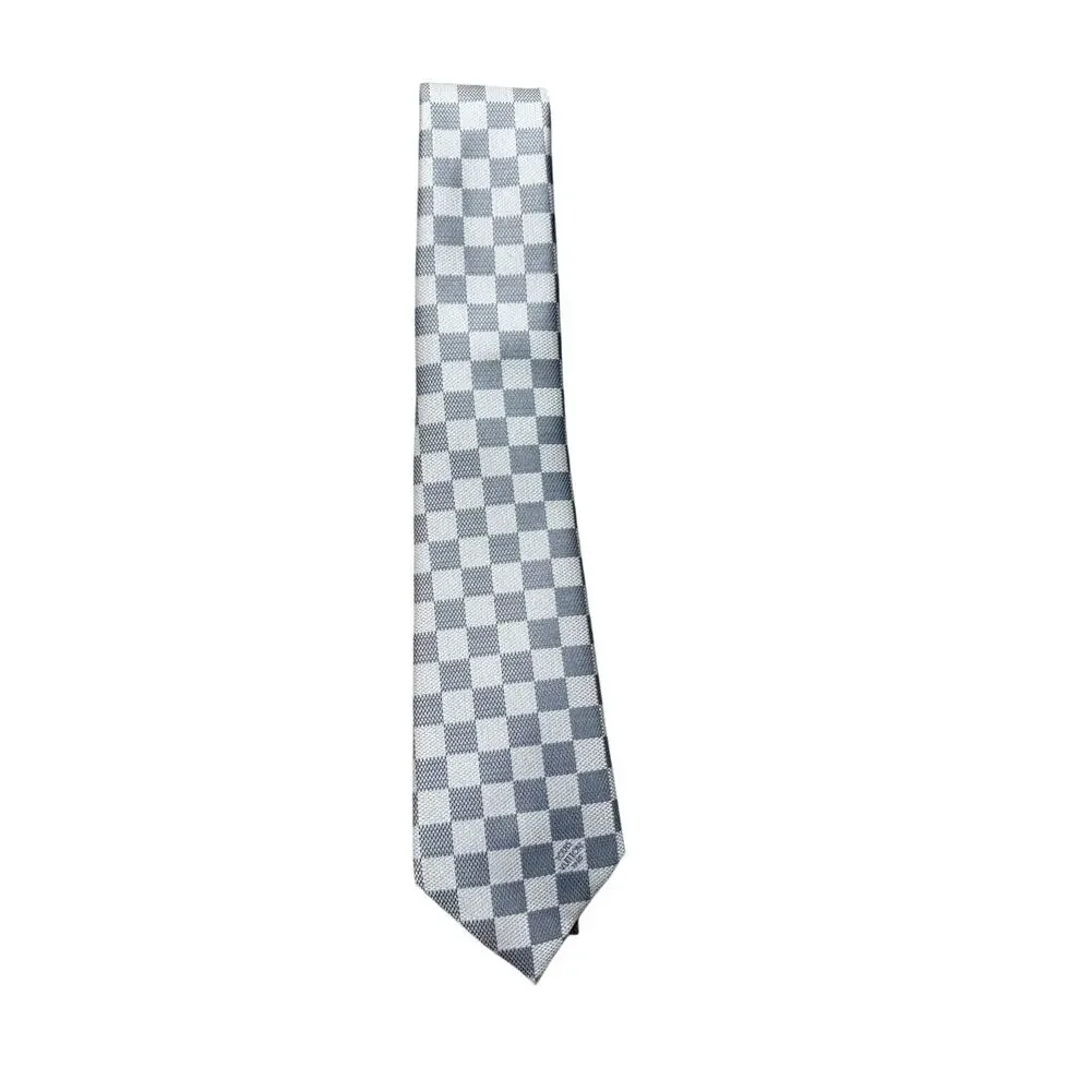 Louis Vuitton Paris Grey Damier Check 100% Silk Necktie
